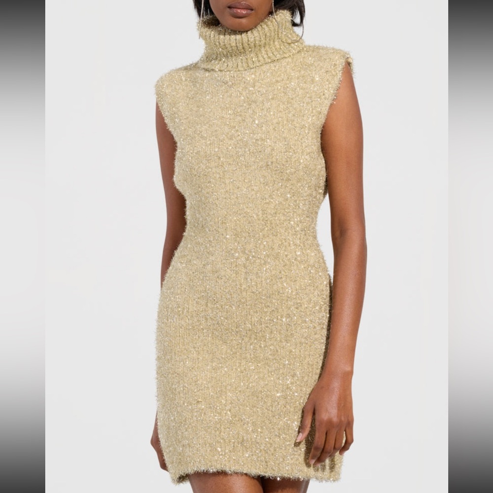 Gold Silver Threaded Sleeveless Turtleneck Felt A Spark Knit Glitter Mini Dress